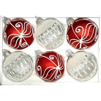 Vánoční ozdoba Irisa Skleněné vánoční koule 7 cm „Sváteční harmonie“ – Červená a průhledná s bílým dekorem – sada 6 ks Velikost: 7 cm, Balení: 6ks, Barva: červená;čirá