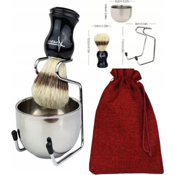 Prémiová štětka na holení, kalíšek/miska na mýdlo na holení, kovový stojan