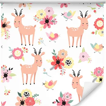 Fototapeta Tapeta do dětského pokoje srnka, ptáčci, květiny
