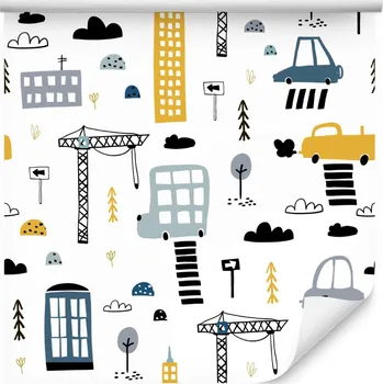 Tapeta Tapeta pro děti auta budovy mraky stromy