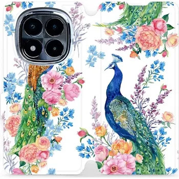 Pouzdro na mobilní telefon Flipové pouzdro Mobiwear - Xiaomi Redmi Note 14 Pro 4G - MX08S Pávi (Knížkové flip pouzdro, obal, kryt na mobil Xiaomi Redmi Note 14 Pro 4G - MX08S Pávi, materiál Umělá kůže + TPU - ochrana 360°, stojánek, silikonová vanička, magnetické zavírání)