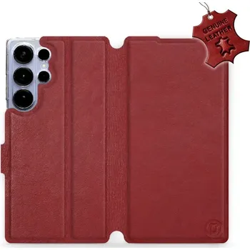 Kožené flip pouzdro Mobiwear - Samsung Galaxy S25 Ultra - Tmavě červené (Kožené knížkové pouzdro, obal, kryt na mobil Samsung Galaxy S25 Ultra, Tmavě červené, materiál Genuine Leather, ochrana 360°, stojánek, silikonová vanička, magnetické zavírání)