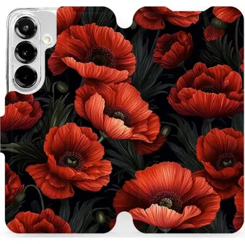 Pouzdro na mobilní telefon Flipové pouzdro Mobiwear - Samsung Galaxy S25 - VP45S Temné červené květy (Knížkové flip pouzdro, obal, kryt na mobil Samsung Galaxy S25 - VP45S Temné červené květy, materiál Umělá kůže + TPU - ochrana 360°, stojánek, silikonová vanička, magnetické zavírá