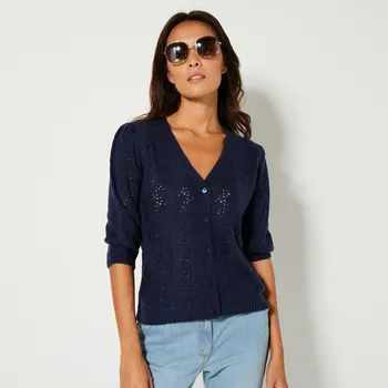 Dámský svetr Propínací svetr s výstřihem do V a ažurou nám.modrá 54