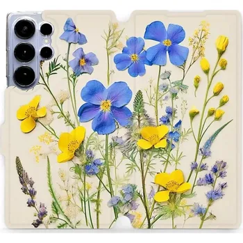 Pouzdro na mobilní telefon Flipové pouzdro Mobiwear - Samsung Galaxy S25 Ultra - VP41S Modré a žluté kvítky (Knížkové flip pouzdro, obal, kryt na mobil Samsung Galaxy S25 Ultra - VP41S Modré a žluté kvítky, materiál Umělá kůže + TPU - ochrana 360°, stojánek, silikonová vanička,)