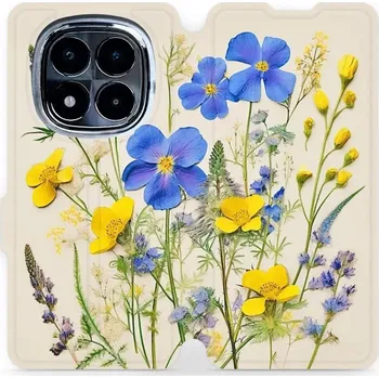 Pouzdro na mobilní telefon Flipové pouzdro Mobiwear - Xiaomi Poco X7 - VP41S Modré a žluté kvítky (Knížkové flip pouzdro, obal, kryt na mobil Xiaomi Poco X7 - VP41S Modré a žluté kvítky, materiál Umělá kůže + TPU - ochrana 360°, stojánek, silikonová vanička, magnetické zavírání)