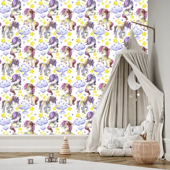 Fototapeta Tapeta pro dívky, Jednorožci, Srdíčka, Obláčky 53x1000