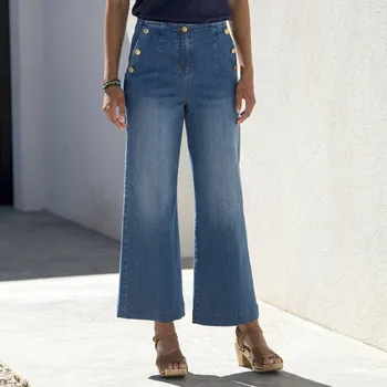 Dámské džíny Džíny do zvonu s vysokým pasem a ozdobnými knoflíky sepraná modrá 52