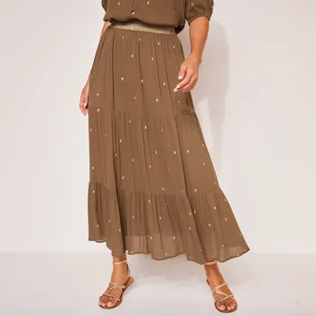 Dámská sukně Dlouhá volánová sukně se zlatavým potiskem khaki/zlatá 38/40