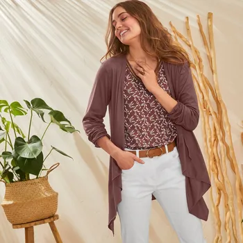 Dámský svetr Splývavý kardigan s asymetrickými cípy vpředu hnědošedá 56