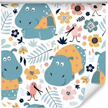 Fototapeta Dětská tapeta Hroši Ptáci Květiny Příroda