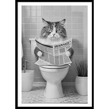 Obraz OBRAZ PLAKÁT V RÁMU do Koupelny WC Toalety KOT NA ZÁCHODĚ noviny P2624_A4