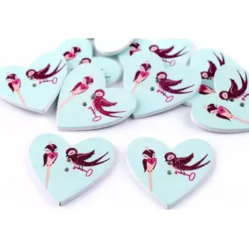 Galanterie Knoflík dřevěný dekorační srdce s ptáčky mint (Knoflík dřevěný srdce s ptáčky)