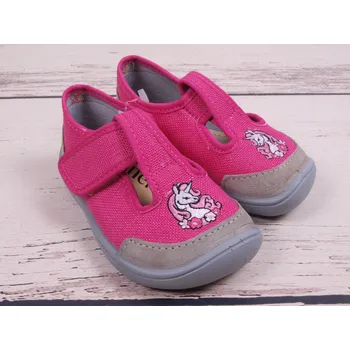 Dívčí bačkory Bačkory plátěnky 3F 2BE8/LN23 bar3foot super flexi růžové s jednorožcem barefoot, suchý zip velikost: 24