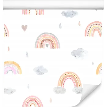 Fototapeta Tapeta do dětského pokoje DUHA Akvarel Srdíčka Obláčky Boho Styl