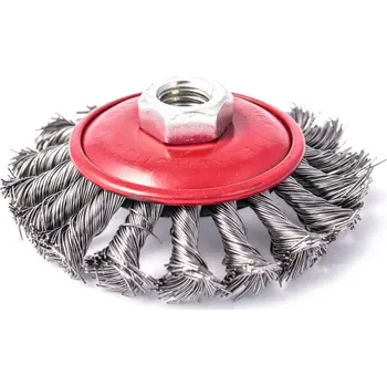 Drátěný kartáč KUŽELOVÝ DRÁTĚNÝ KARTÁČ NA ČIŠTĚNÍ 125 MM ZAPLETENÝ ZÁVIT M14 PRO ÚHLOVÉ BRUSKY