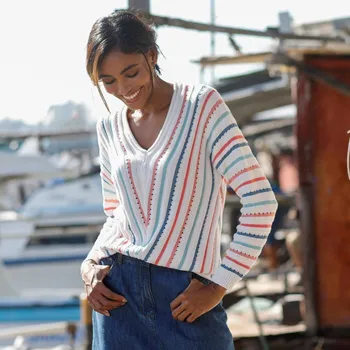 Dámský svetr Pulovr s proužky a výstřihem do V režná/vícebarevná 42/44