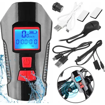 Cyklosvítilna PŘEDNÍ SVĚTLO NA KOLO SILNÉ LED USB + CYKLOCOMPUTER a KLAKSON