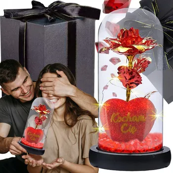 umělá květina Stabilizovaná růže ve skle svítící LED červená