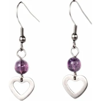 Náušnice Ametyst náušnice nerezová ocel s korálky a srdíčky délka cca 4,5 cm