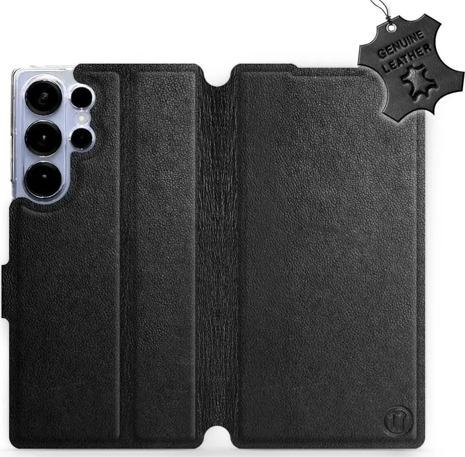 Kožené flip pouzdro Mobiwear - Samsung Galaxy S25 Ultra - Černé (Kožené knížkové pouzdro, obal, kryt na mobil Samsung Galaxy S25 Ultra, Černé, materiál Genuine Leather, ochrana 360°, stojánek, silikonová vanička, magnetické zavírání)