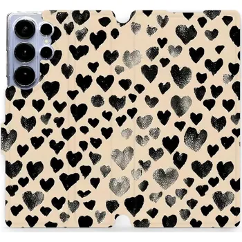 Pouzdro na mobilní telefon Flipové pouzdro Mobiwear - Samsung Galaxy S25 Ultra - VA51S Černá srdíčka (Knížkové flip pouzdro, obal, kryt na mobil Samsung Galaxy S25 Ultra - VA51S Černá srdíčka, materiál Umělá kůže + TPU - ochrana 360°, stojánek, silikonová vanička, magnetické zavírá