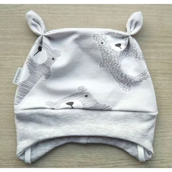 Kojenecká čepice AMÁLKA Elastická čepička teplákovina s medvídky, šedá-bílá Velikost: 56-62