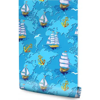 Tapeta Dětská Tapeta Mapa Světa Lodě Plachetnice Dekorace