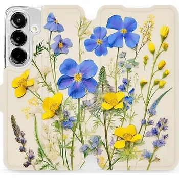 Pouzdro na mobilní telefon Flipové pouzdro Mobiwear - Samsung Galaxy S25 - VP41S Modré a žluté kvítky (Knížkové flip pouzdro, obal, kryt na mobil Samsung Galaxy S25 - VP41S Modré a žluté kvítky, materiál Umělá kůže + TPU - ochrana 360°, stojánek, silikonová vanička, magnetické)