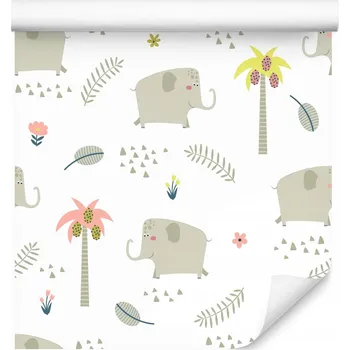 Fototapeta Dětská tapeta sloni palmy květiny stromy safari