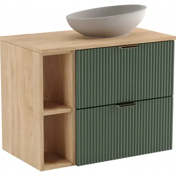 Koupelnový nábytek Skříňka pod umyvadlo s regálem, rýhované čelní plochy, šalvějová/ořech, 80 cm