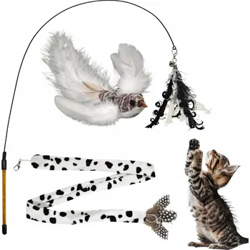 Hračka pro kočku Prut pro kočky Meow&Mrrrau Prut pro kočky 3 Hračky se zvonečkem Ptáček Pírka Ocas SET