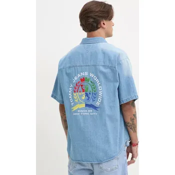 Pánská košile Džínová košile Tommy Jeans pánská, modrá barva, relaxed, s klasickým límcem, DM0DM21144 05J, vel. L