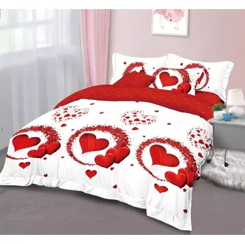 Povlečení VALENTÝNSKÁ AKCE ! LUXUSNÍ BAVLNĚNÉ OBOUSTRANNÉ FRANCOUZSKÉ POVLEČENÍ 200x220 cm - SRDÍČKA - ČERVENO BÍLÉ - KROUŽEK + PROSTĚRADLO ZDARMA !