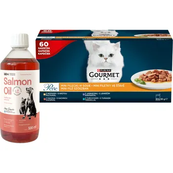 Krmivo pro kočku Purina Gourmet Perle Mini Filets in sauce Krmivo pro kočky 60x85g + LAB V Lososový olej 500ml