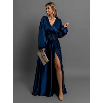Dámské šaty Tmavě modré dlouhé saténové šaty WOMAN s dlouhým rukávem XL