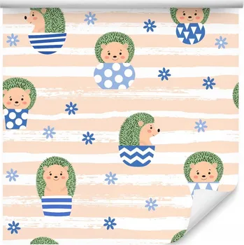 Fototapeta Tapeta pro děti ježci KVĚTINY proužky květináče