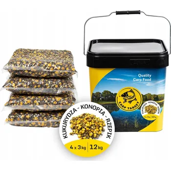 Návnadová surovina Kukuřice konopí řepík MIX zrn návnada 12 kg (4x3kg) + kbelík 17L