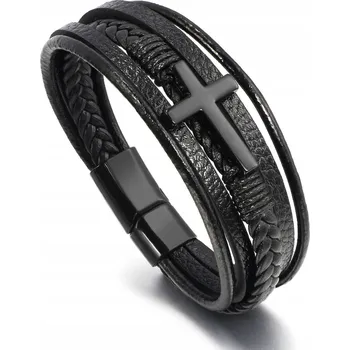 Náramek ČERNÝ KOŽENÝ PÁNSKÝ NÁRAMEK S LEBKOU LEBKA OCEL 316L