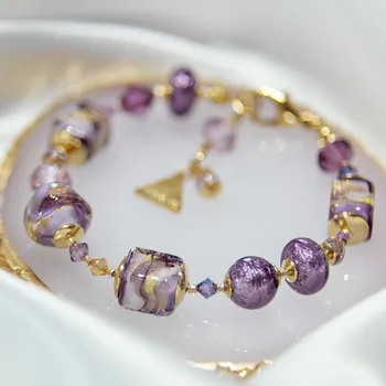 Náramek Lampglas Náramek Violet Dream s 24karátovým zlatem a ryzím stříbrem v perlách Lampglas