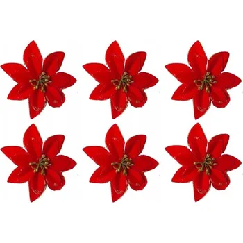 Vánoční dekorace HVĚZDA vánoční květina k dekoraci dekorace 6 Ks červená s brokátovým zdobením vánoční