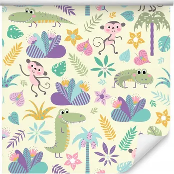 Fototapeta Dětská tapeta zvířata exotická palmy listy