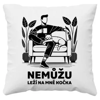 Žertovný předmět Nemůžu, leží na mně kočka - polštář s potiskem- Tričkový.cz