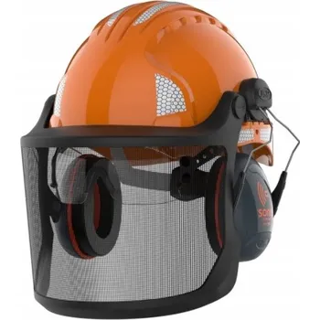 Pracovní přilba Oranžová přilba s chrániči sluchu a obličejovým štítem JSP