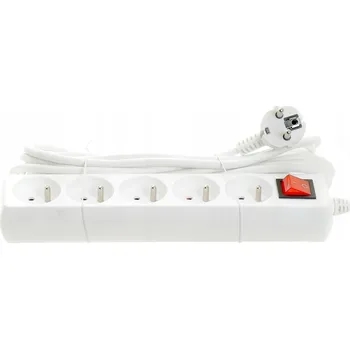 Napájecí kabel Prodlužovací Kabel do domácnosti, 5 zásuvek, 5 metrů, vypínač, kabel 3x1,5, BÍLÝ