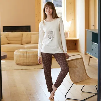 Dámská móda Pyžamo s volánky a potiskem kočky režná/čokoládová 42/44