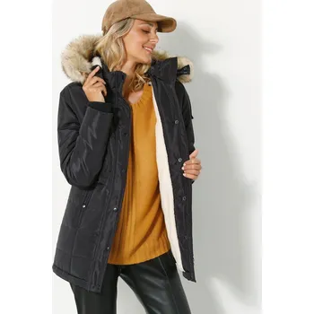 Dámský kabát Nepromokavá bunda s kapucí a imitací kožešiny černá 38