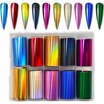 10x HOLOGRAFICKÁ FÓLIE na nehty 100 cm x 4 cm SET HOLO