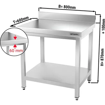 Jídelní stůl G.Gastro Pracovní stůl PREMIUM z nerezové oceli - 0,8 m - se spodní policí a obkladovým panelem