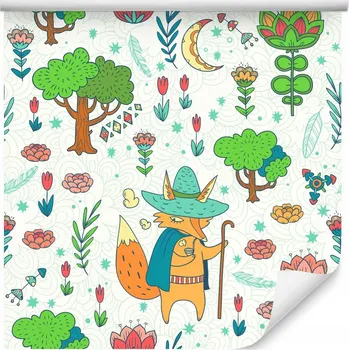 Fototapeta Dětská tapeta liška zvířátka LES květiny stromy